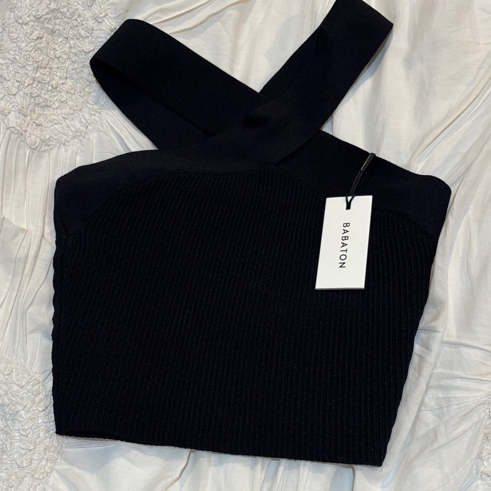 Babaton Navy Cross-Strap Ribbed Top